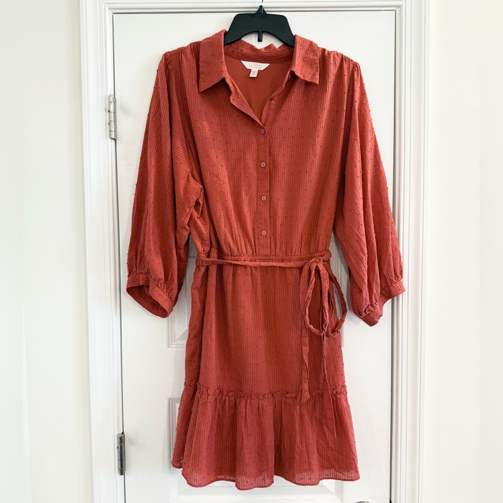 Textured Rust Button Front Belted Shirt Dress Size 1X - Picture 2 of 12
